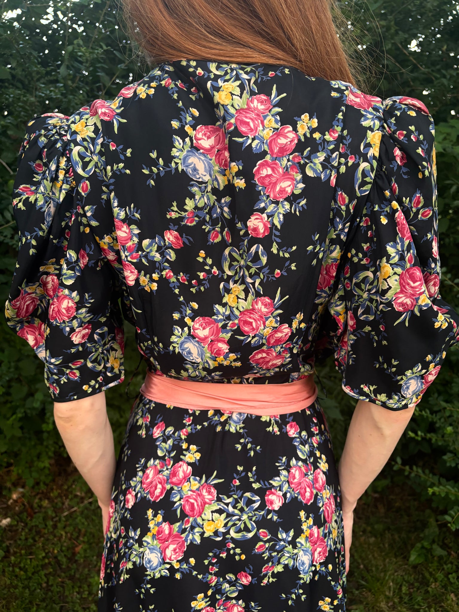 1940s Black Rose Floral Wrap Dress Printed Rayon Puff Sleeve