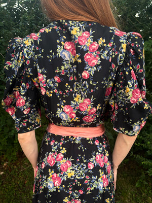 1940s Black Rose Floral Wrap Dress Printed Rayon Puff Sleeve