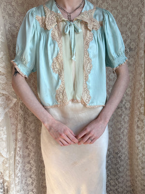 1930s Aqua Blue Silk Bed Jacket Embroidered Puff Sleeves