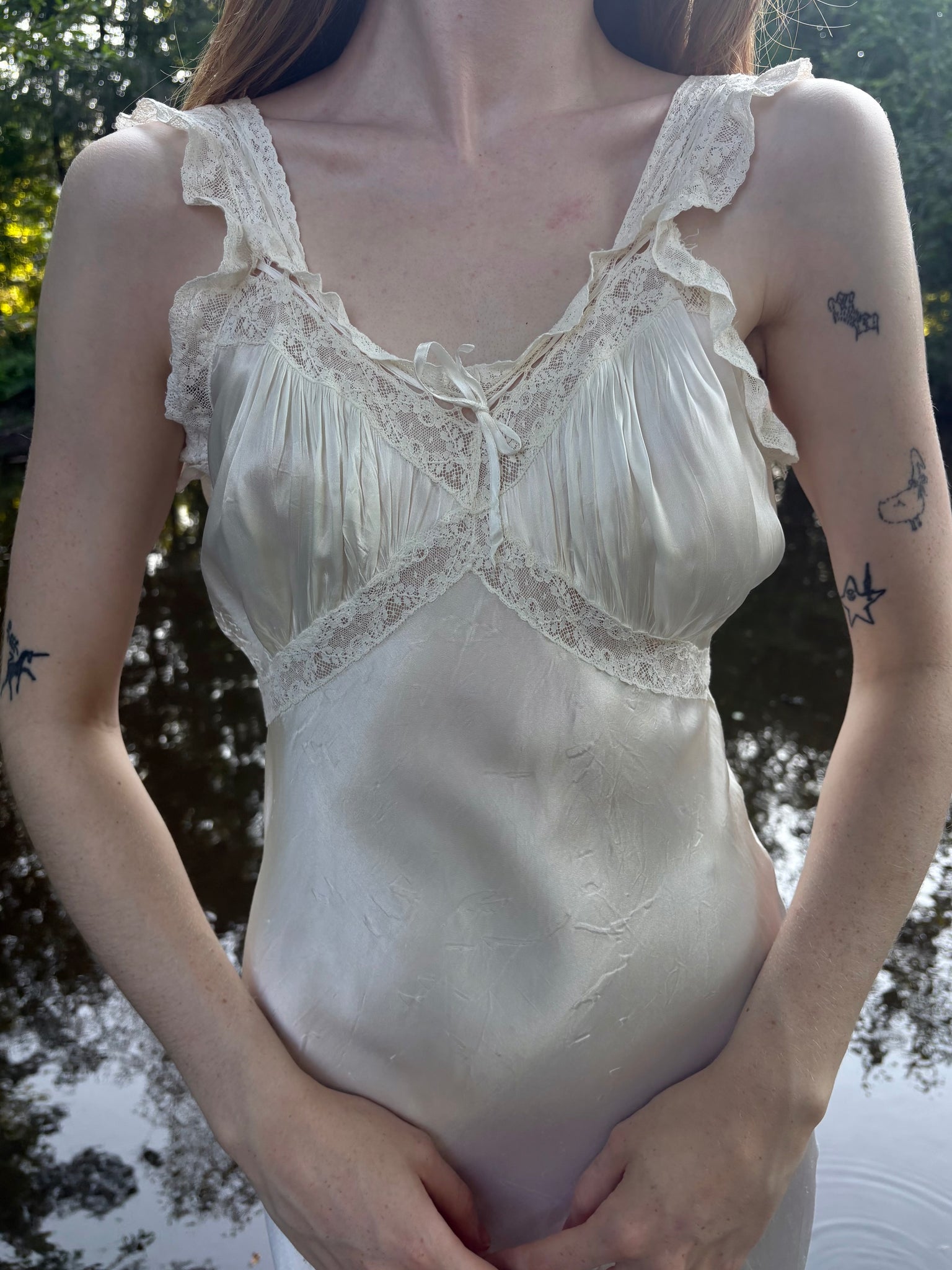 1940s Rayon Satin White Bias Cut Slip Dress Lace Wedding Gown