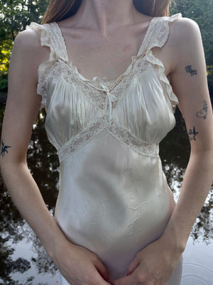 1940s Rayon Satin White Bias Cut Slip Dress Lace Wedding Gown