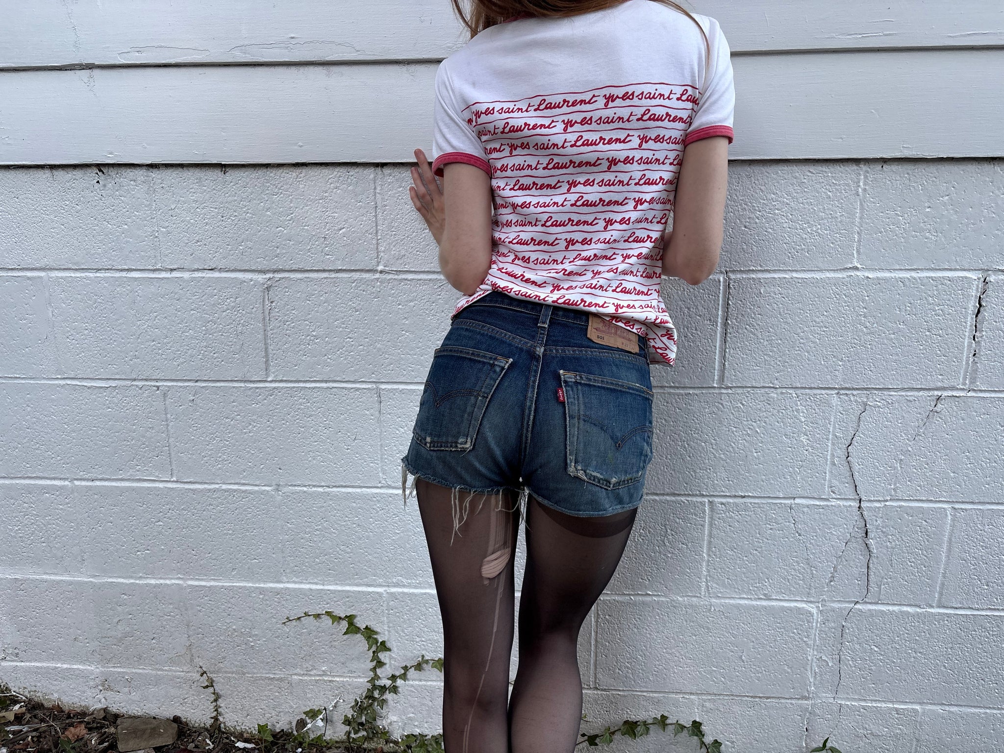1980s Yves Saint Laurent Script Red White Ringer Tee T Shirt Short Sleeve