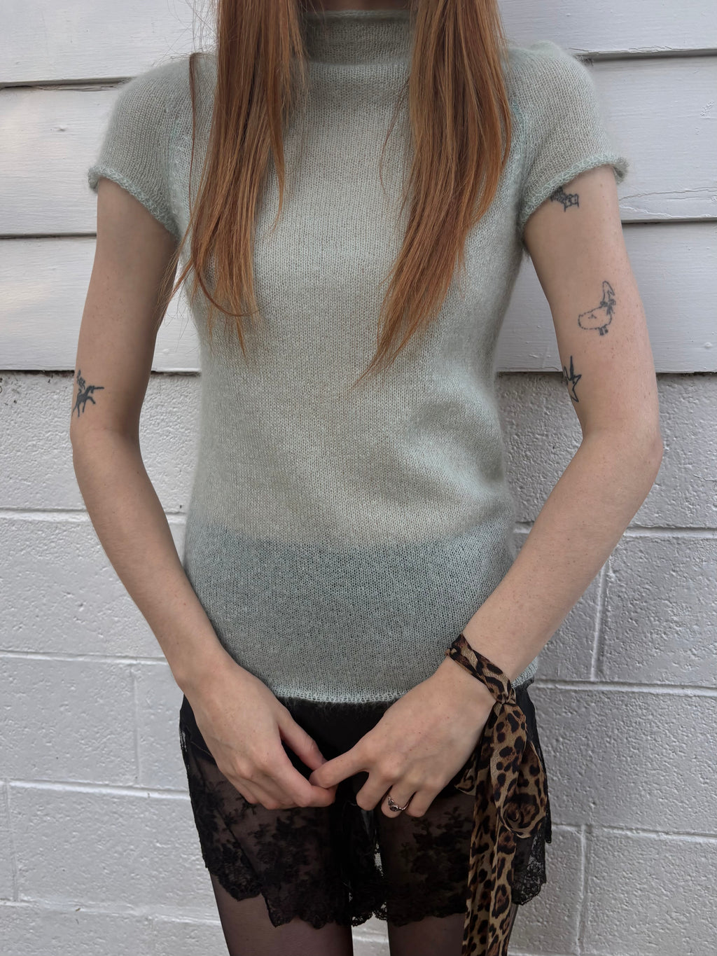 2000s Light Blue Fuzzy Mohair Knit Sweater Short Sleeve DKNY