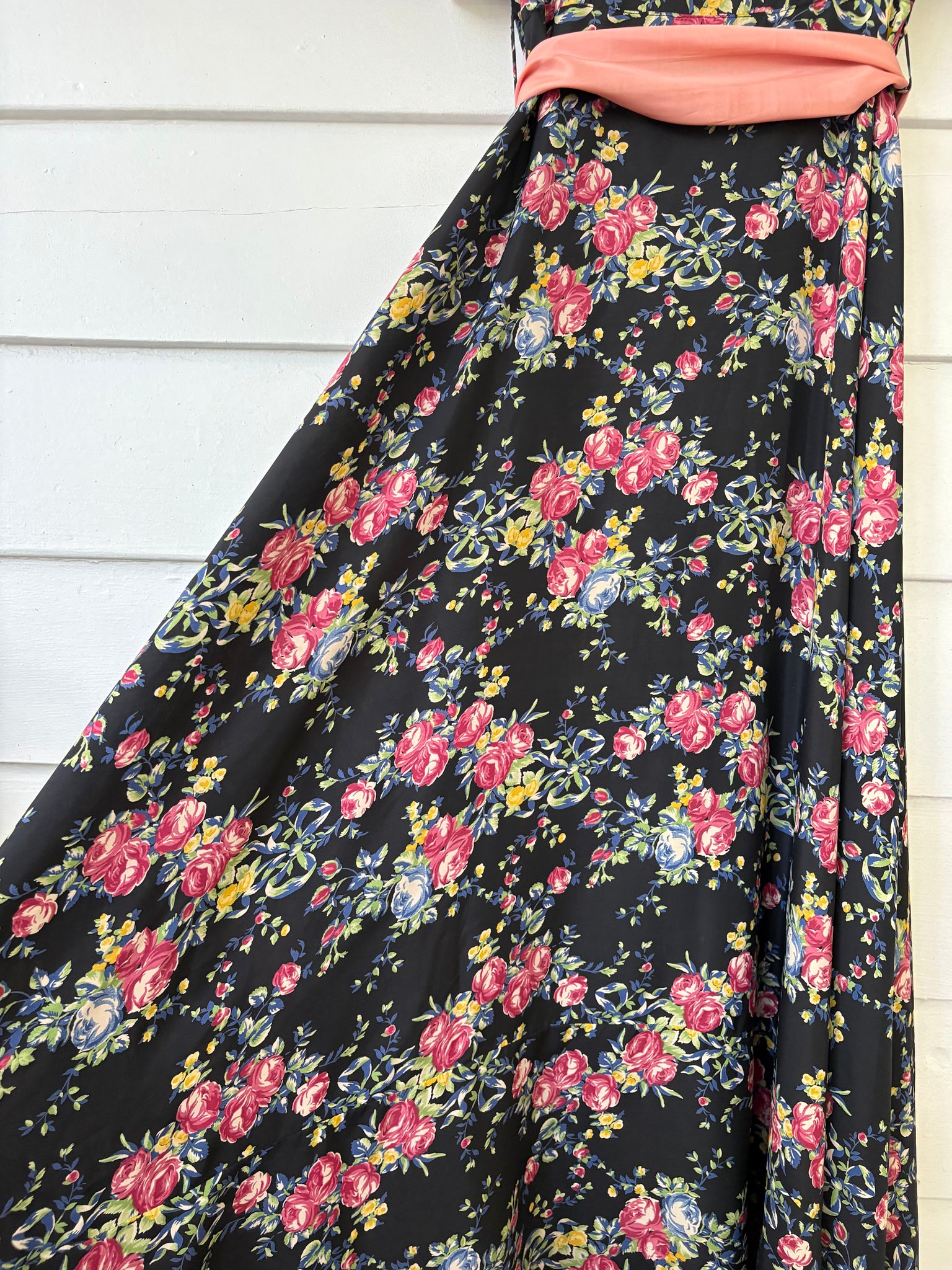 1940s Black Rose Floral Wrap Dress Printed Rayon Puff Sleeve