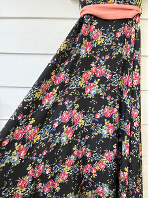 1940s Black Rose Floral Wrap Dress Printed Rayon Puff Sleeve