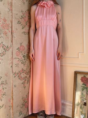 1970s Pink Satin and Lace Halter Maxi Dress