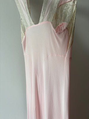 1940s Light Pink Rayon Jersey Bias Cut Slip Dress Cream Lace