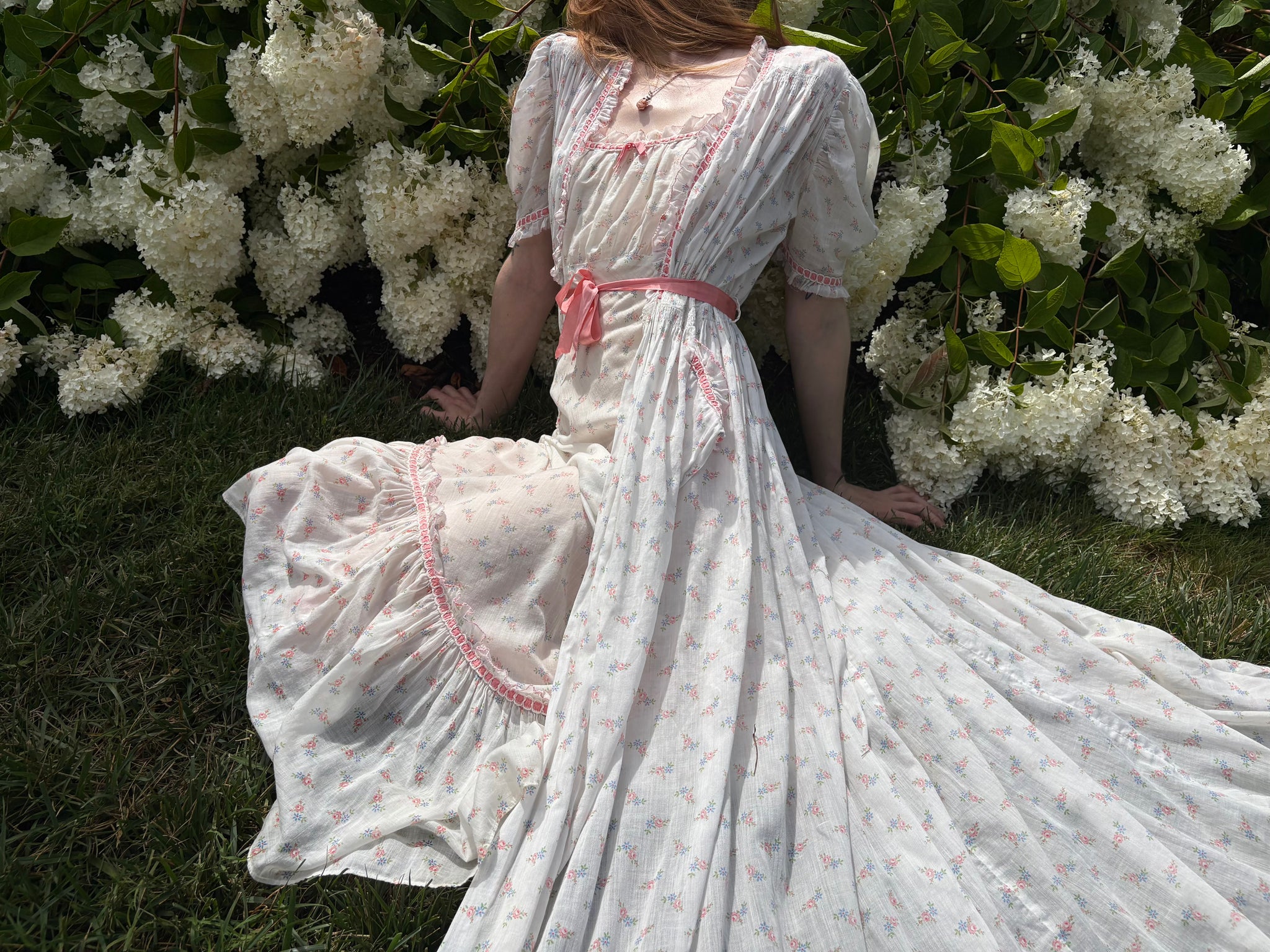 1930s White Cotton Floral Bias Cut Slip Dress Peignoir Set Puff Sleeves Pink Ribbon Rose Floral
