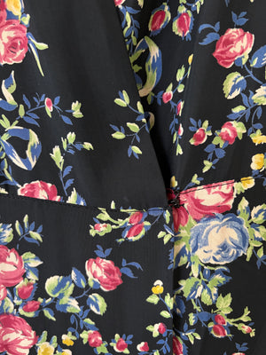 1940s Black Rose Floral Wrap Dress Printed Rayon Puff Sleeve
