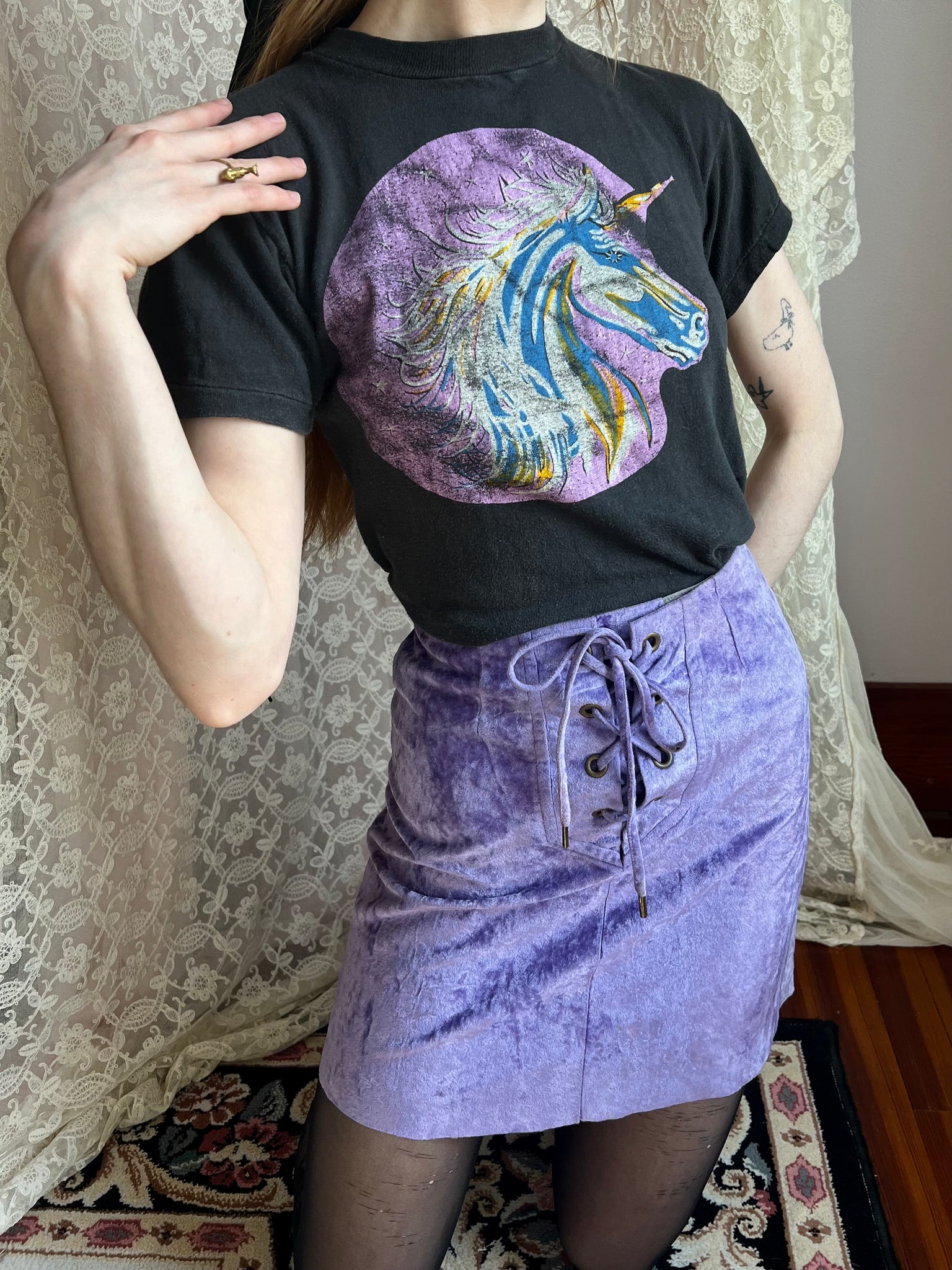 1970s Purple Velvet Lace Up A Line Mini Skirt