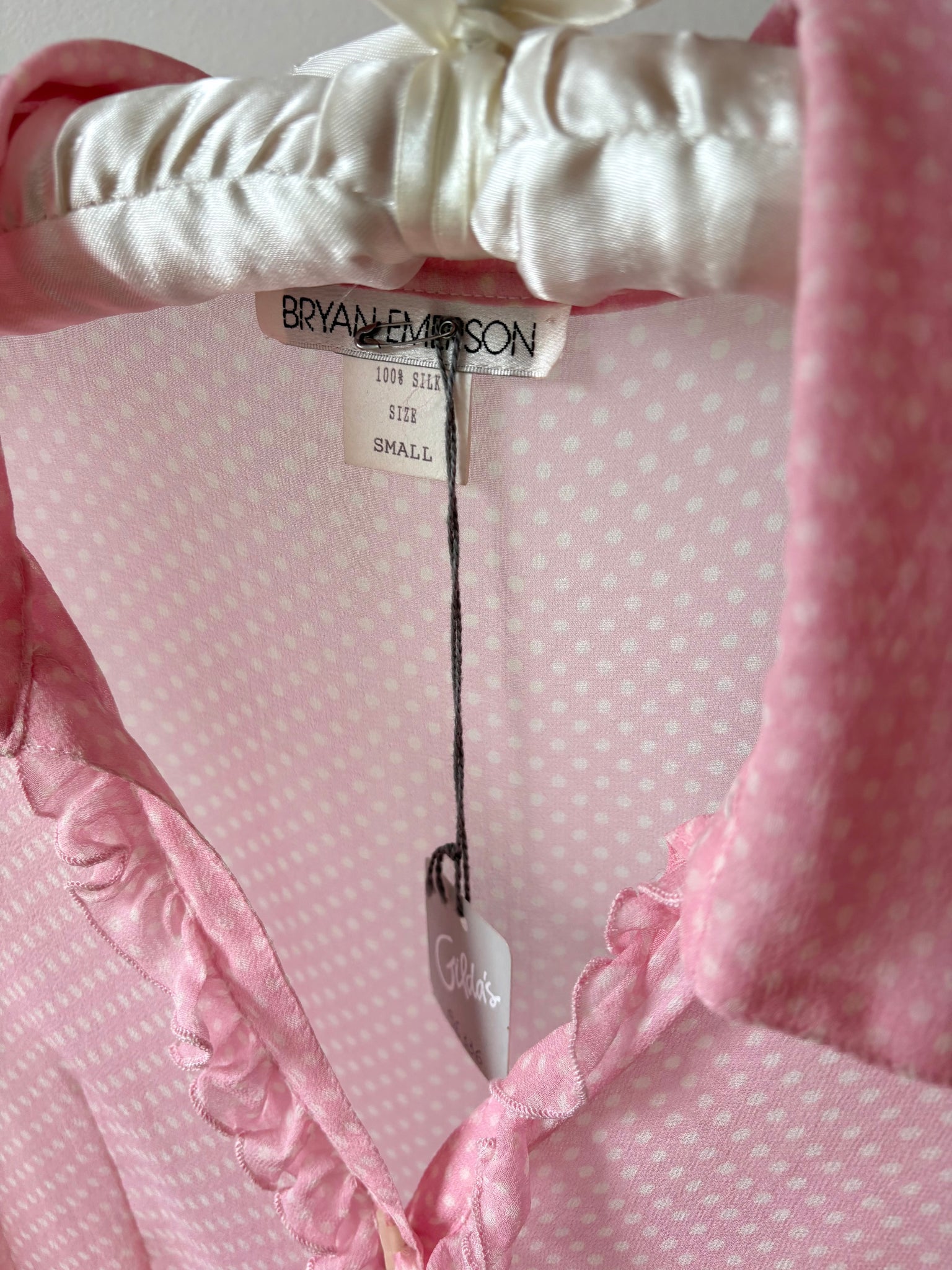 1990s Silk Chiffon Dot Print Button Up Blouse Pink White