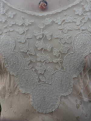 1940s Peach Brocade Silk Cream Net Floral Appliqué Bias Cut Slip Midi Dress
