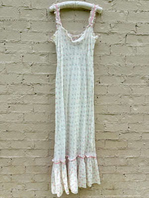1930s White Cotton Floral Bias Cut Slip Dress Peignoir Set Puff Sleeves Pink Ribbon Rose Floral