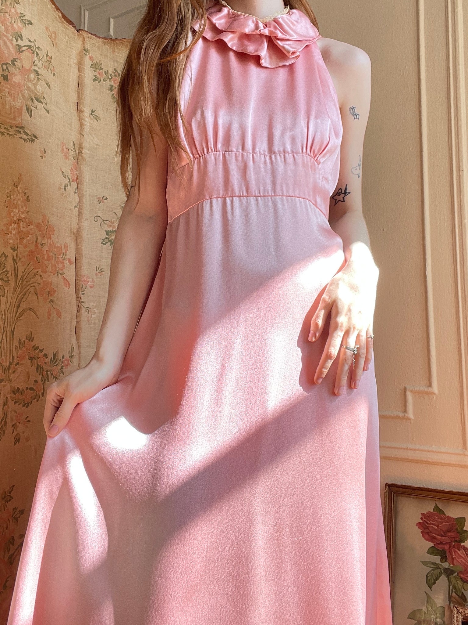1970s Pink Satin and Lace Halter Maxi Dress