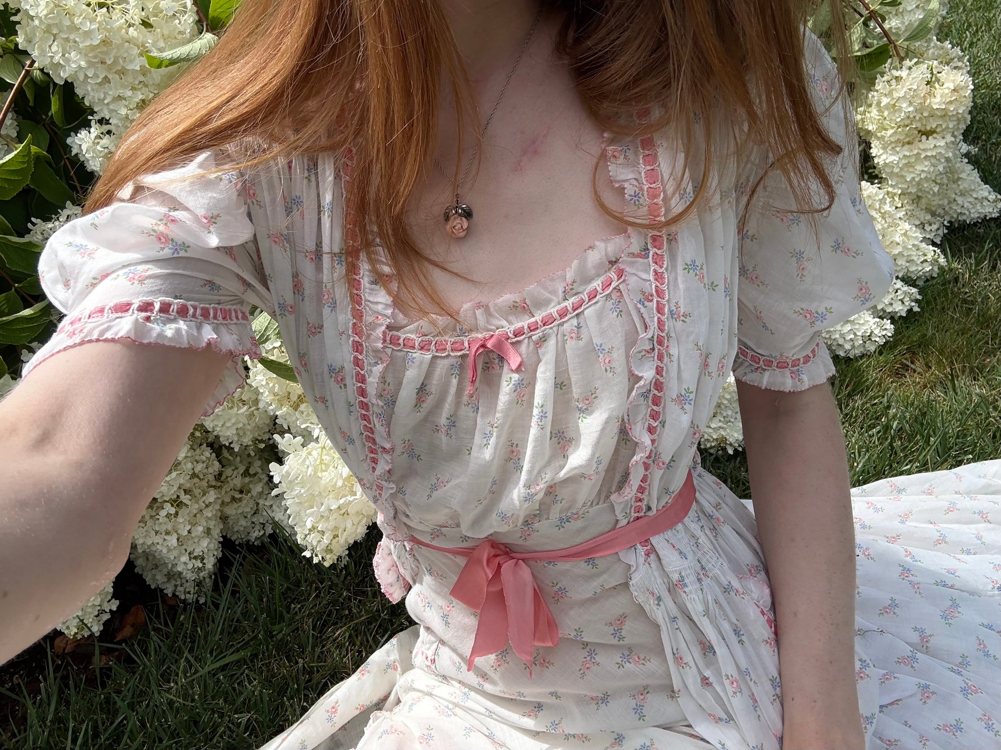 1930s White Cotton Floral Bias Cut Slip Dress Peignoir Set Puff Sleeves Pink Ribbon Rose Floral