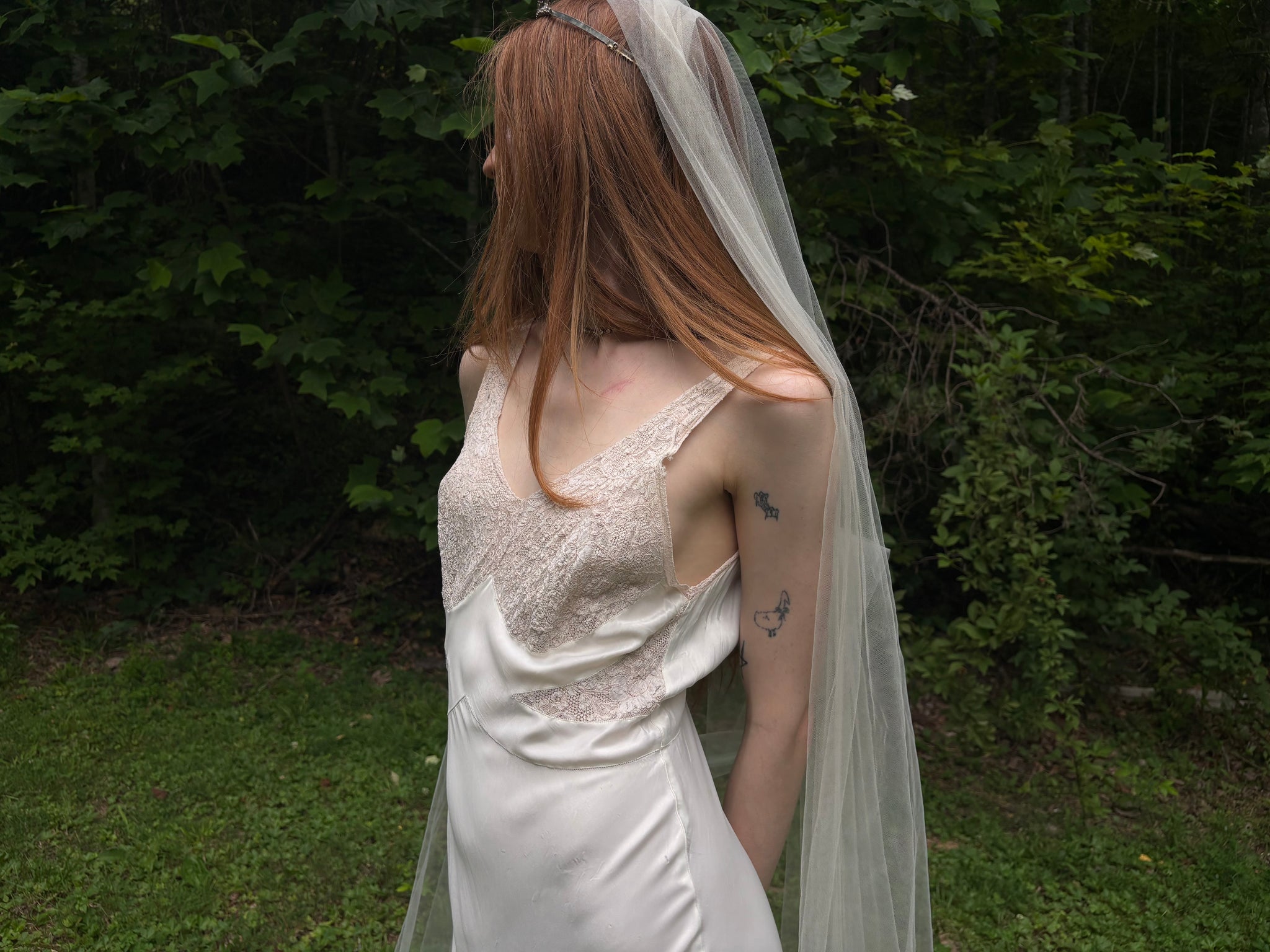 1940s Rayon White Lace Bodice Bias Cut Slip Dress Lace