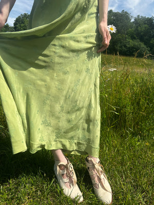 1930s Hand Dyed Green Floral Brocade Silk Slip Dress Embroidery I Magnin