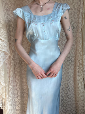 1940s Blue Rayon Bias Cut Slip Dress Floral Embroidered Cap Sleeves