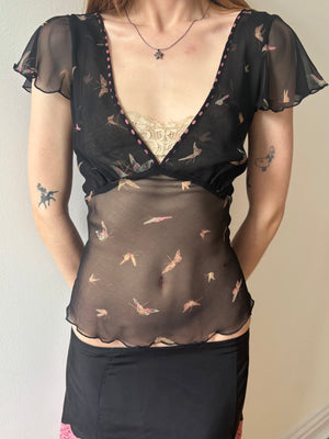 1990s Betsey Johnson Black Silk Chiffon Butterfly Print Blouse