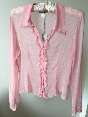 1990s Silk Chiffon Dot Print Button Up Blouse Pink White