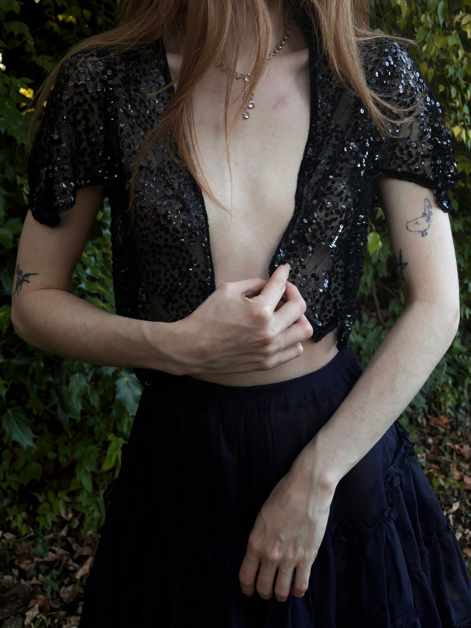 1930s Black Navy Sequin Sheer Mesh Blouse Bolero Short Sleeve