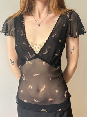 1990s Betsey Johnson Black Silk Chiffon Butterfly Print Blouse