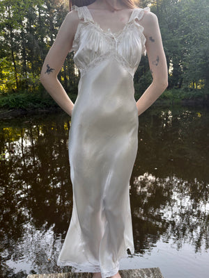 1940s Rayon Satin White Bias Cut Slip Dress Lace Wedding Gown