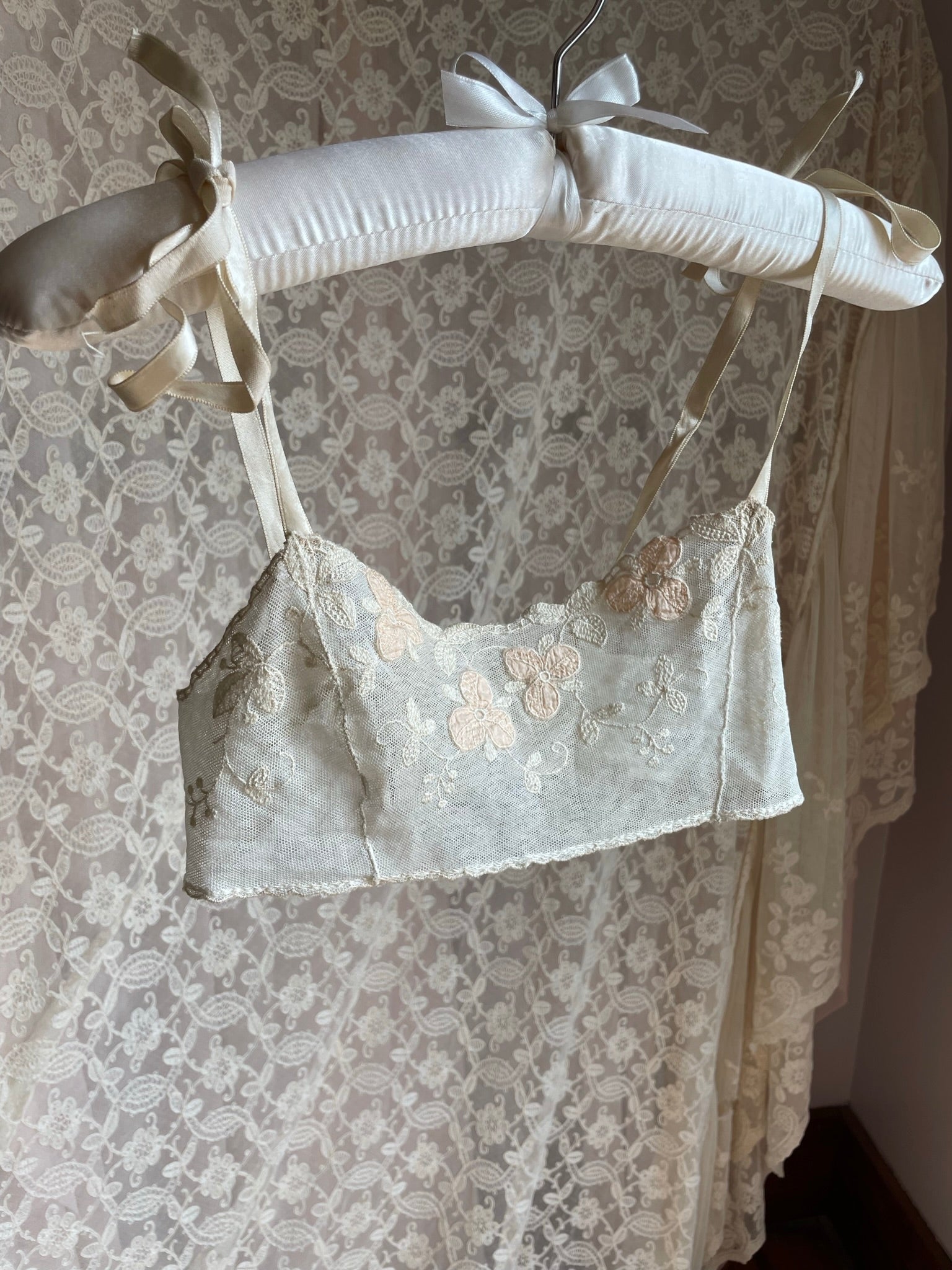 1930s Cream Mesh Floral Appliqué Bra Bralette Ribbon Tie