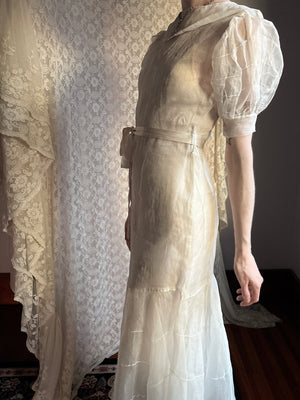 1930s Orgnaza Rose Floral Bow Print Sheer Puff Sleeve Bias Cut Dress Wedding Gown
