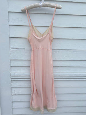 1940s Pale Pink Rose Appliqué Bias Cut Rayon Slip Midi Dress Cream Lace