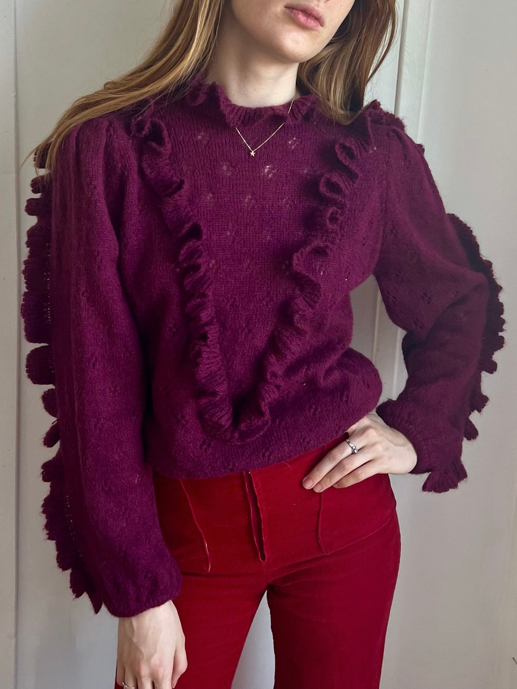 1970s Eggplant Purple Sweater Pointelle