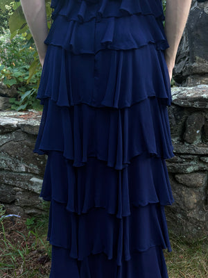 1980s Navy Blue Silk Chiffon Ruffle Cascade Dress Long Gown