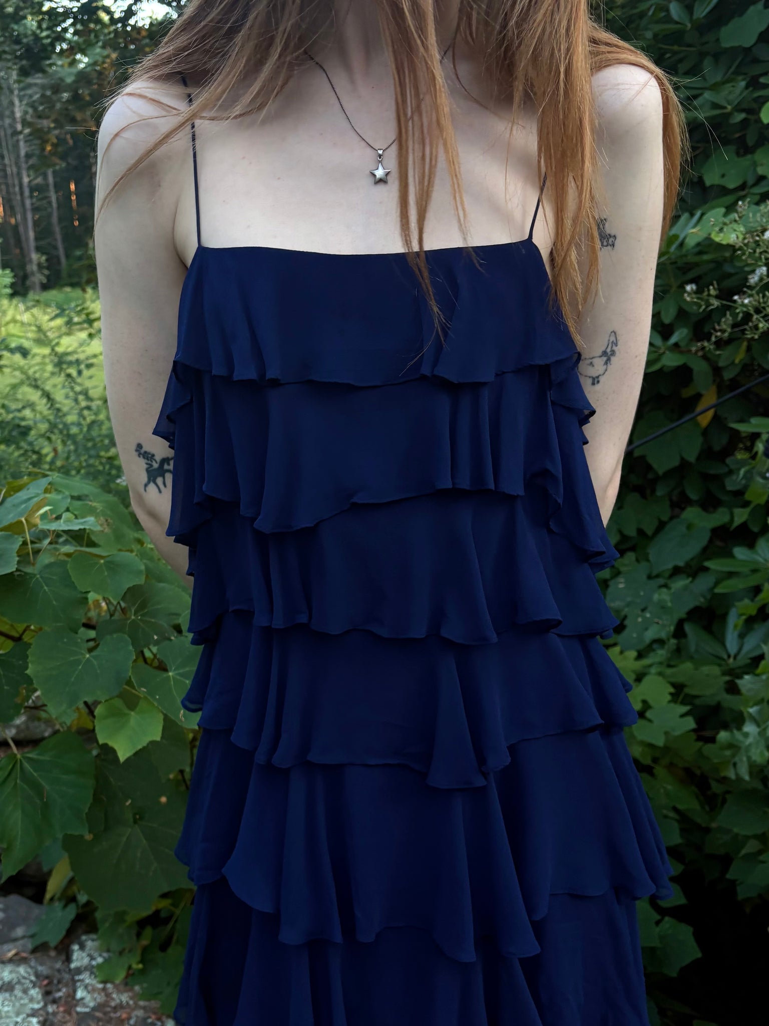 1980s Navy Blue Silk Chiffon Ruffle Cascade Dress Long Gown