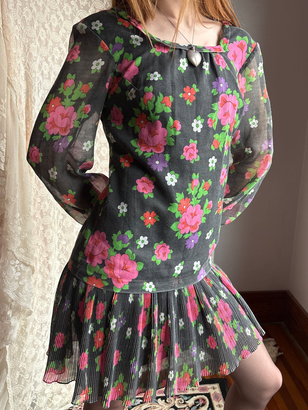 1970s Black Floral Cotton Gauze Long Sleeve Mini Dress