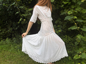 1900s Edwardian Rose Floral Embroidered White Cotton Dress Gown Wedding
