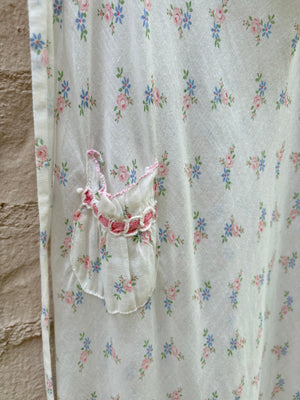 1930s White Cotton Floral Bias Cut Slip Dress Peignoir Set Puff Sleeves Pink Ribbon Rose Floral