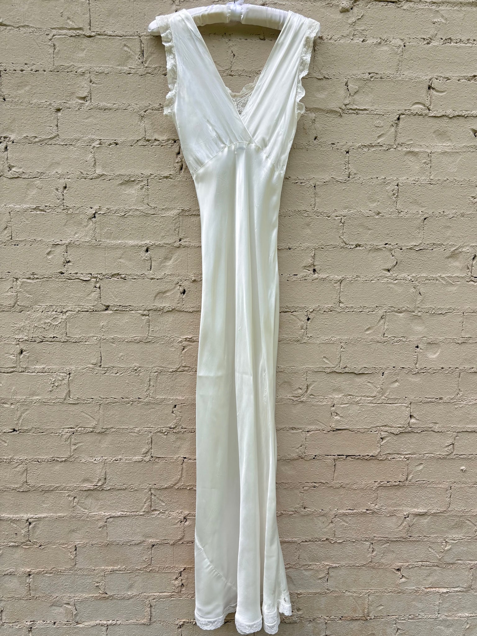 1940s Rayon Satin White Bias Cut Slip Dress Lace Wedding Gown