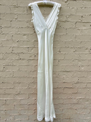 1940s Rayon Satin White Bias Cut Slip Dress Lace Wedding Gown