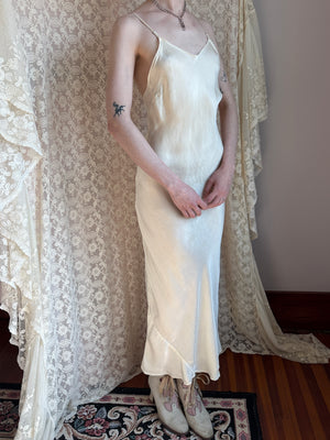 1940s Cream Silk Bias Cut Slip Dress Low Back Scallop Hem