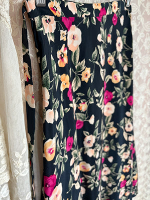 1990s Silk Floral Printed Wrap Midi Skirt Black Pink White