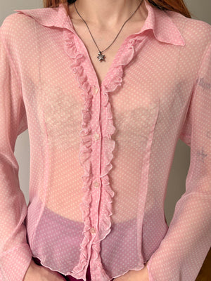 1990s Silk Chiffon Dot Print Button Up Blouse Pink White