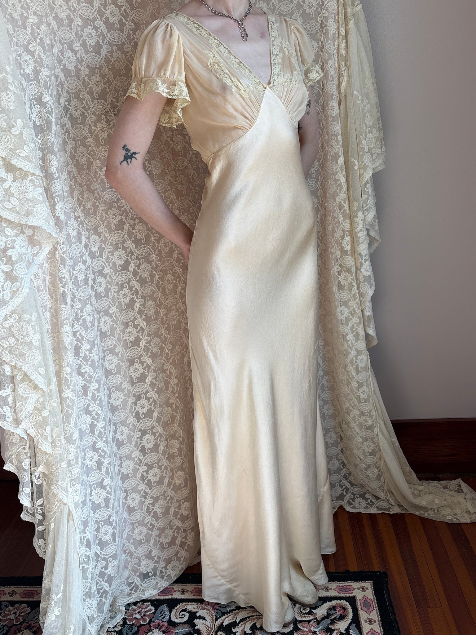 1930s Silk Chiffon Bias Cut Slip Dress Cream Lace Sheer Puff Sleeves Bridal Gown