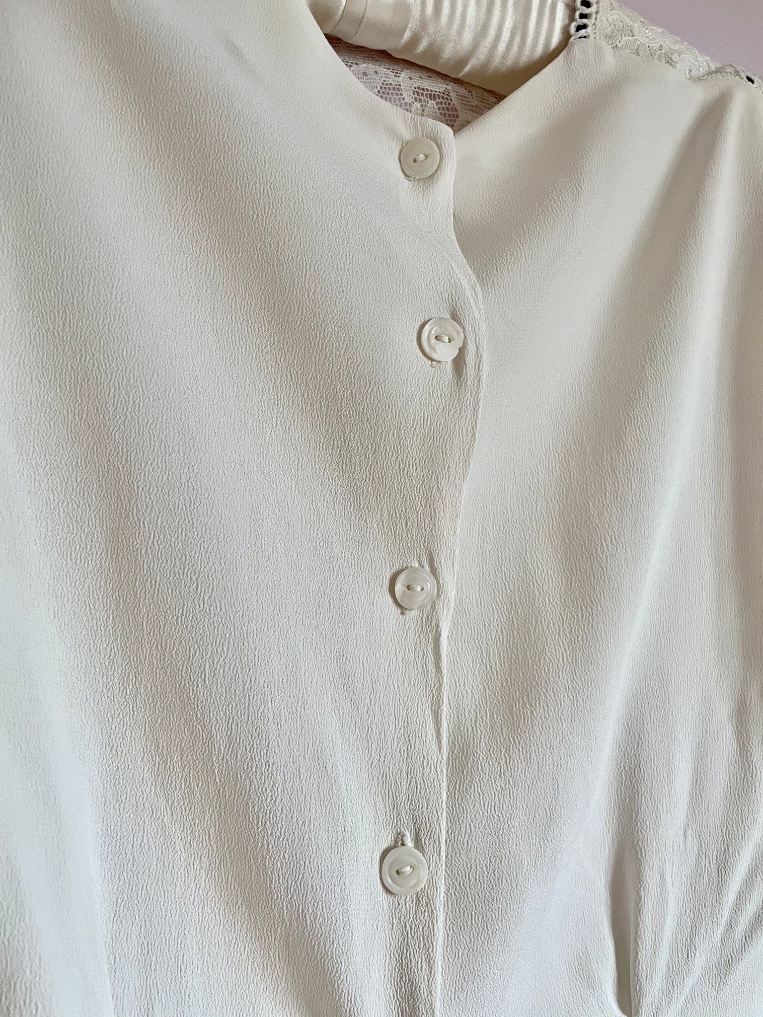 1940s White Rayon Crepe Lace Yoke Ruffle Mutton Sleeve Blouse