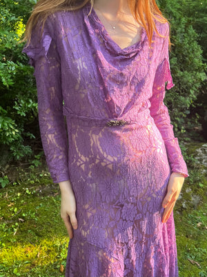 1930s Purple Floral Lace Dress Gown Crystal Belt