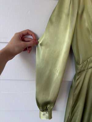 1940s Green Rayon Satin Lace Robe Peignoir