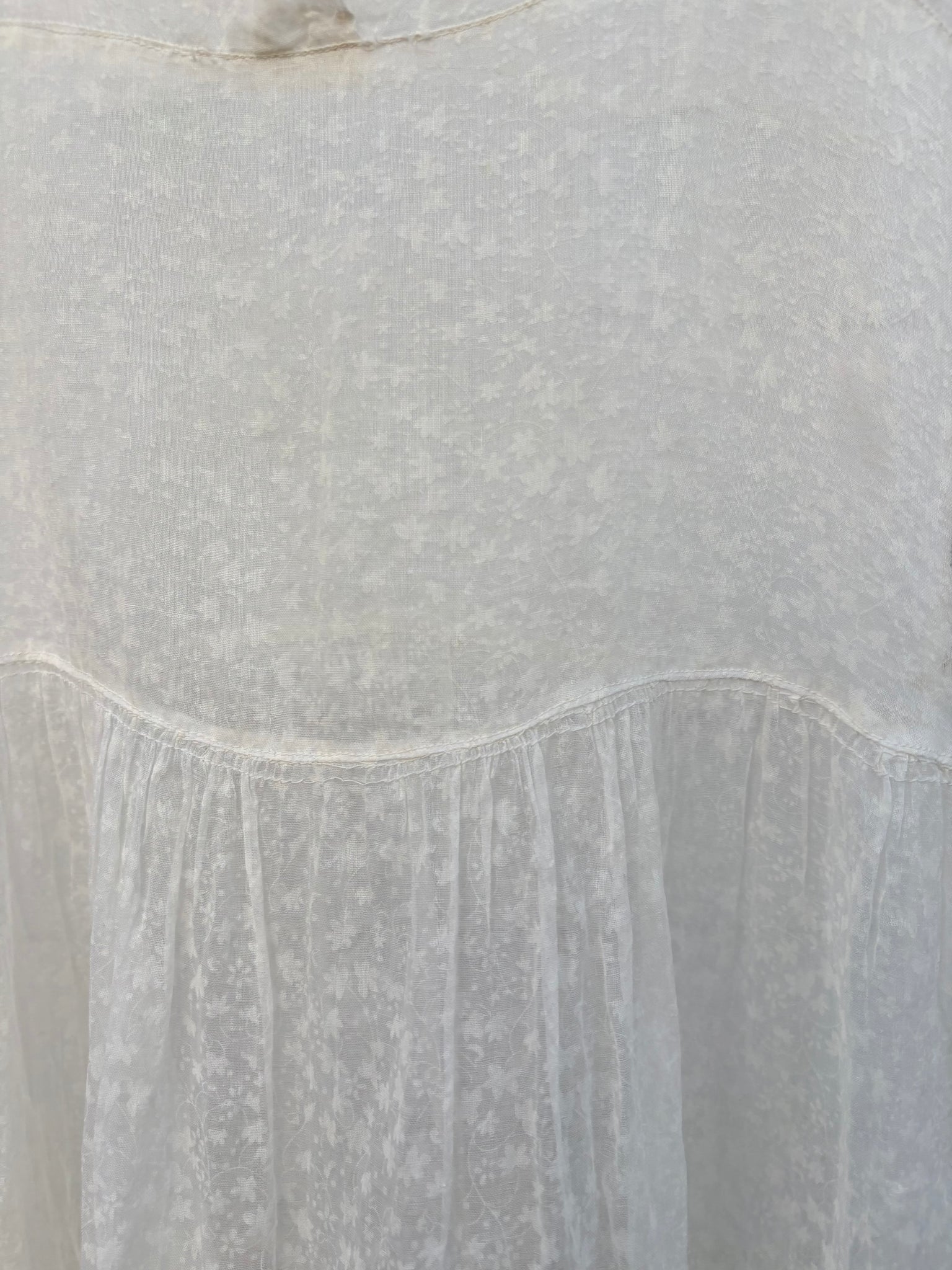1940s Silk Orgnaza Floral Printed Ruffle Sheer Puff Sleeve Dress Wedding Gown
