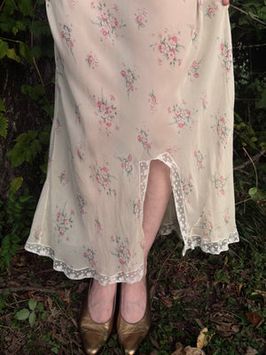 1930s Silk Chiffon Floral Print Cream Lace Bias Cut Slip Dress