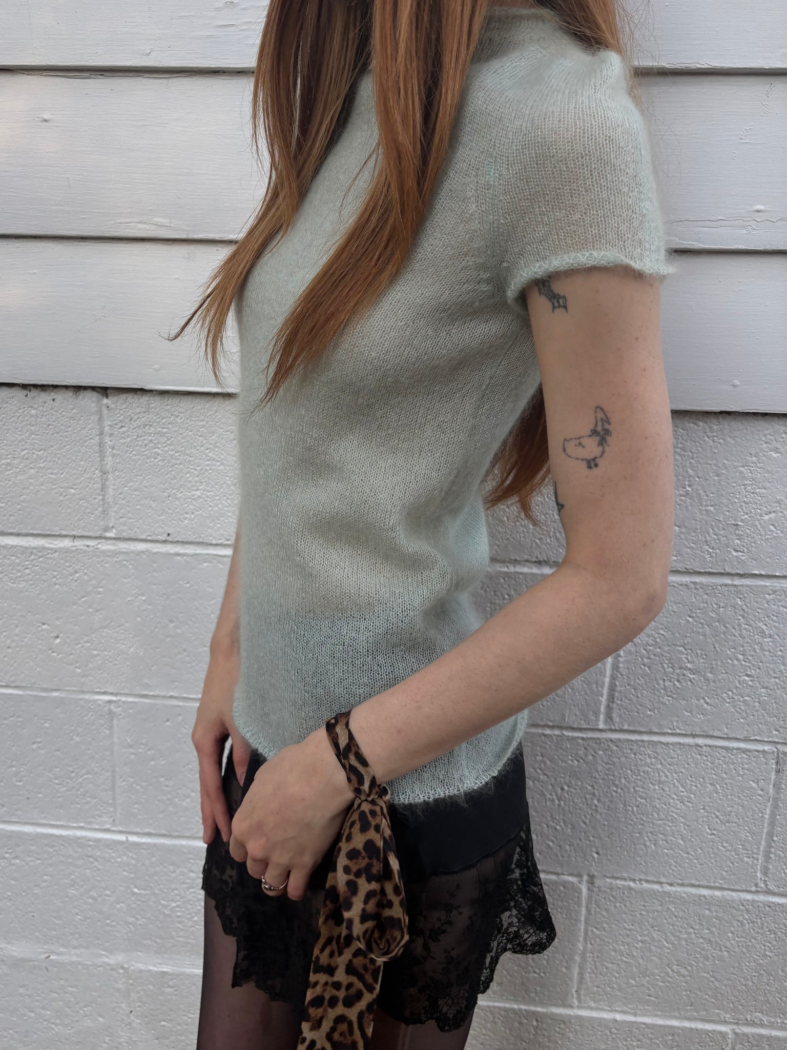 2000s Light Blue Fuzzy Mohair Knit Sweater Short Sleeve DKNY