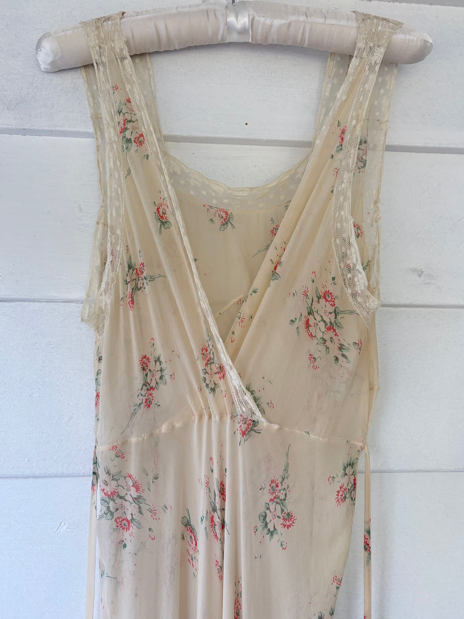 1930s Silk Chiffon Floral Print Cream Lace Bias Cut Slip Dress