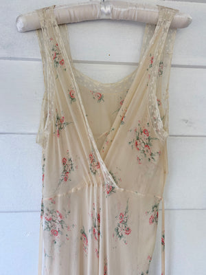 1930s Silk Chiffon Floral Print Cream Lace Bias Cut Slip Dress